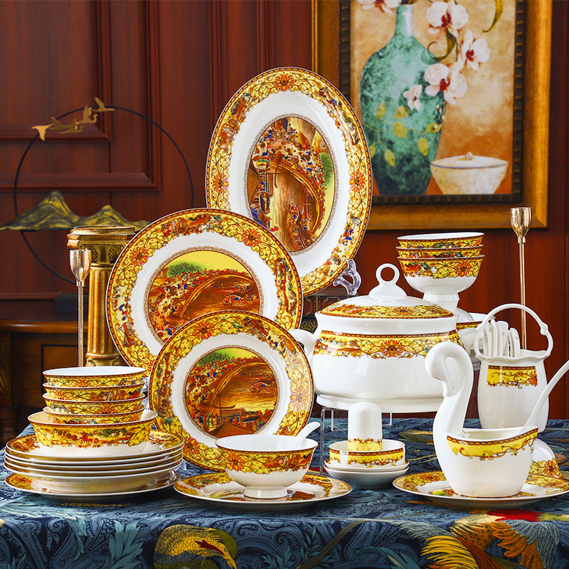 Ceramic Tableware Set with Qingming Festival Scene, Bowls and Plates from Jingdezhen, Gift Items with Custom Logo, Factory Wholesale for Home Use