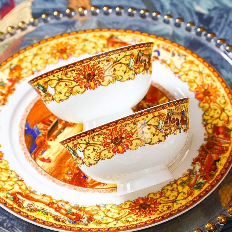Ceramic Tableware Set with Qingming Festival Scene, Bowls and Plates from Jingdezhen, Gift Items with Custom Logo, Factory Wholesale for Home Use