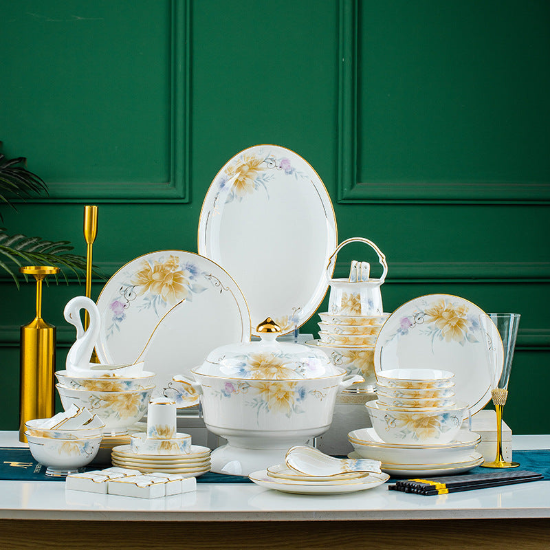 High-End Bone China Bowls and Plates European Style Luxury Light Scenery Dezhen Ceramic Tableware Set Household Dishes Housewarming Gifts Wholesale