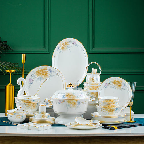 High-End Bone China Bowls and Plates European Style Luxury Light Scenery Dezhen Ceramic Tableware Set Household Dishes Housewarming Gifts Wholesale
