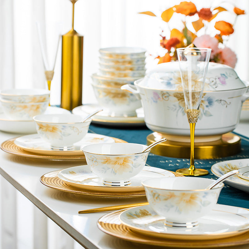 High-End Bone China Bowls and Plates European Style Luxury Light Scenery Dezhen Ceramic Tableware Set Household Dishes Housewarming Gifts Wholesale