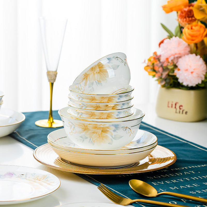 High-End Bone China Bowls and Plates European Style Luxury Light Scenery Dezhen Ceramic Tableware Set Household Dishes Housewarming Gifts Wholesale
