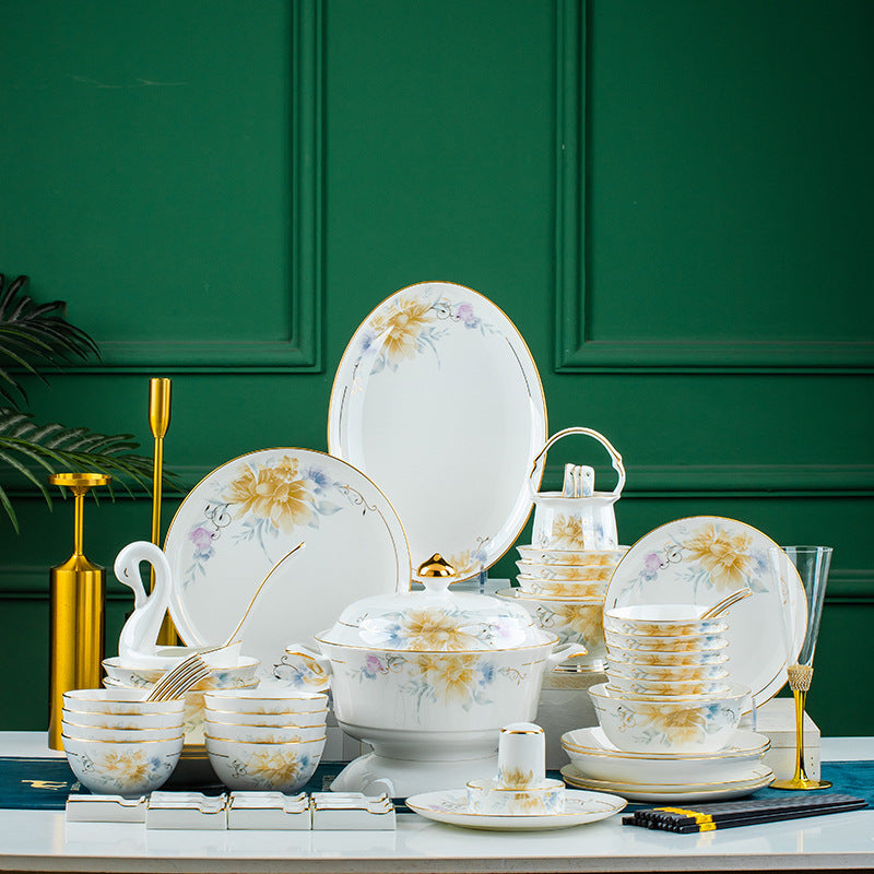 High-End Bone China Bowls and Plates European Style Luxury Light Scenery Dezhen Ceramic Tableware Set Household Dishes Housewarming Gifts Wholesale