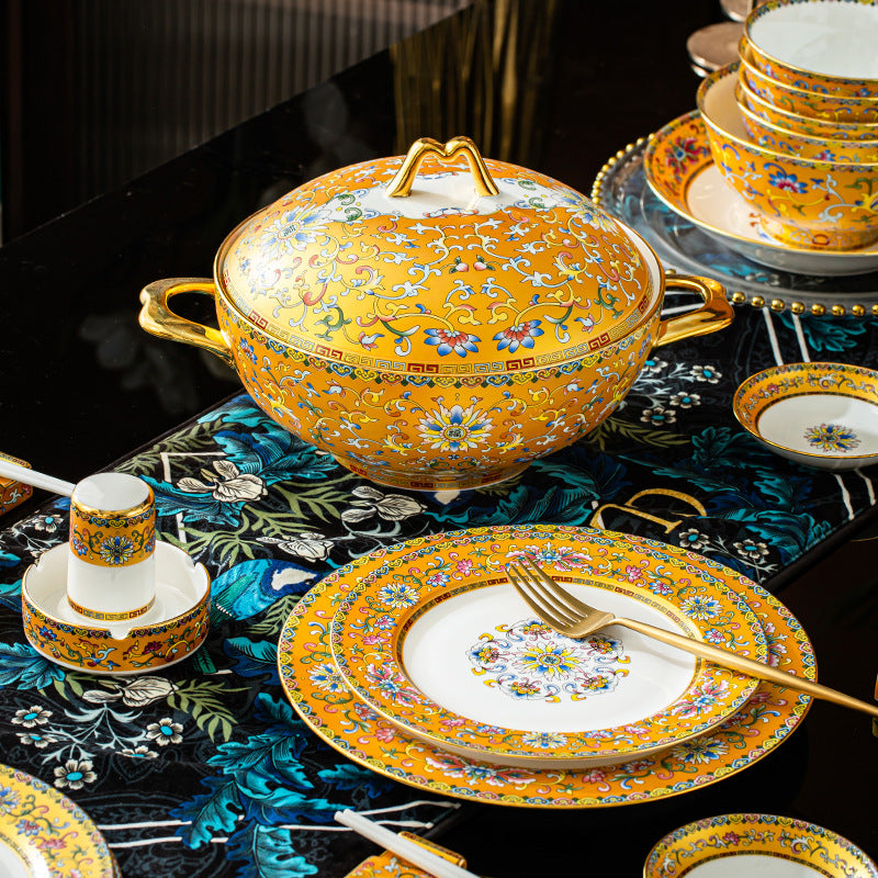 Customized Jingdezhen Tableware Set, Chinese Enamel Color Palace Style Bone China Bowls and Plates, Company Gift Customization