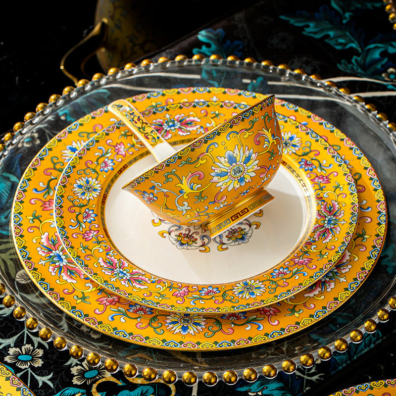 Customized Jingdezhen Tableware Set, Chinese Enamel Color Palace Style Bone China Bowls and Plates, Company Gift Customization