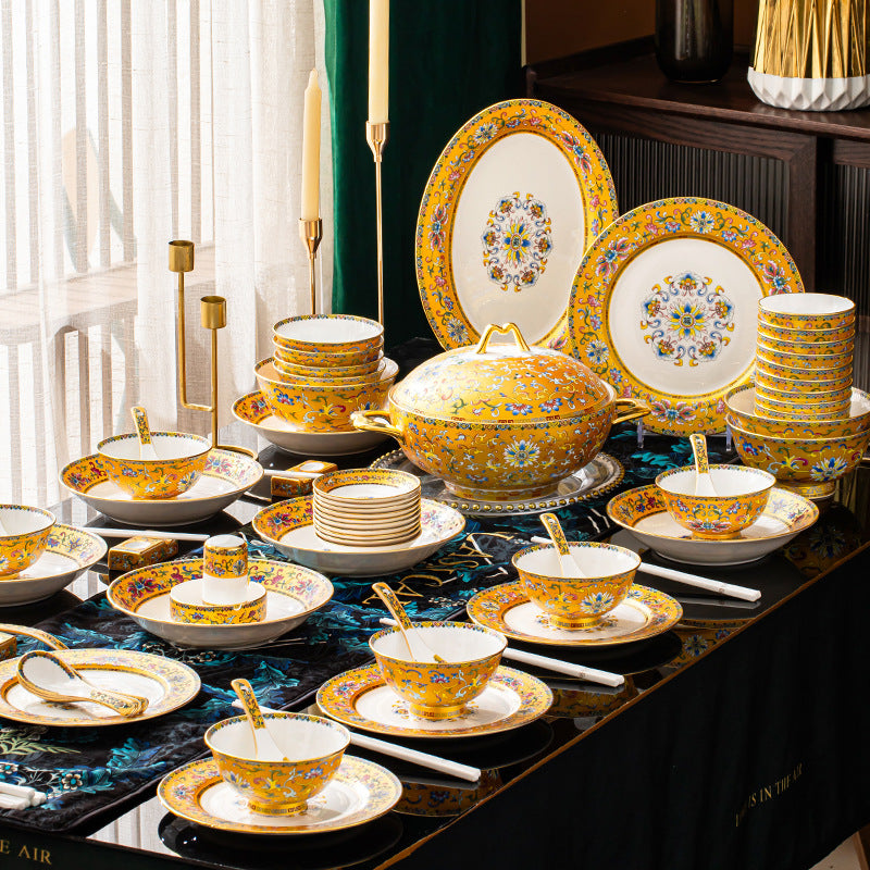 Customized Jingdezhen Tableware Set, Chinese Enamel Color Palace Style Bone China Bowls and Plates, Company Gift Customization