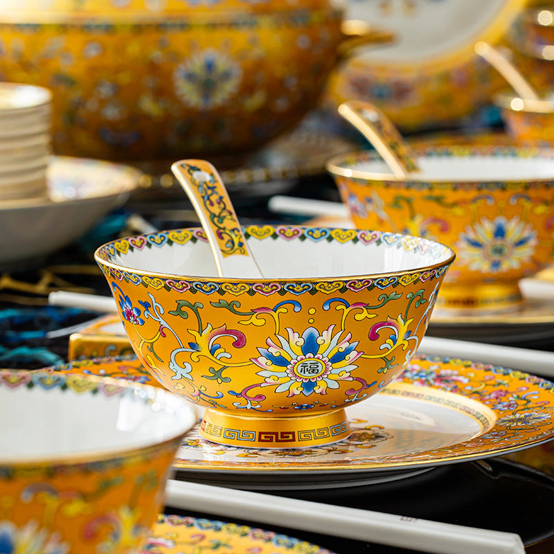 Customized Jingdezhen Tableware Set, Chinese Enamel Color Palace Style Bone China Bowls and Plates, Company Gift Customization